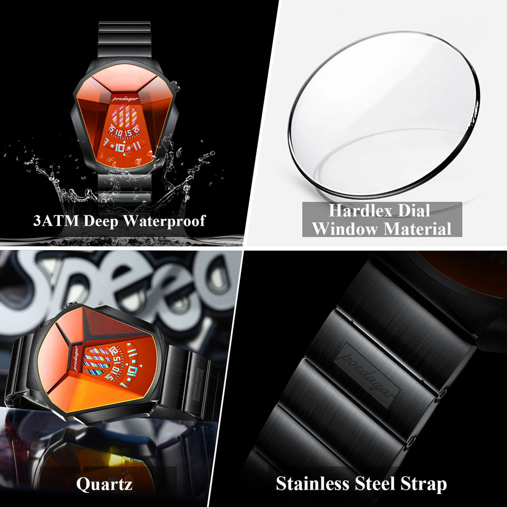 Poedagar 621 Men's Watch Tonneau Case Large Rotating Analog Dial Stainless Steel Band Quartz Wristwatch Reloj Hombre Luxury