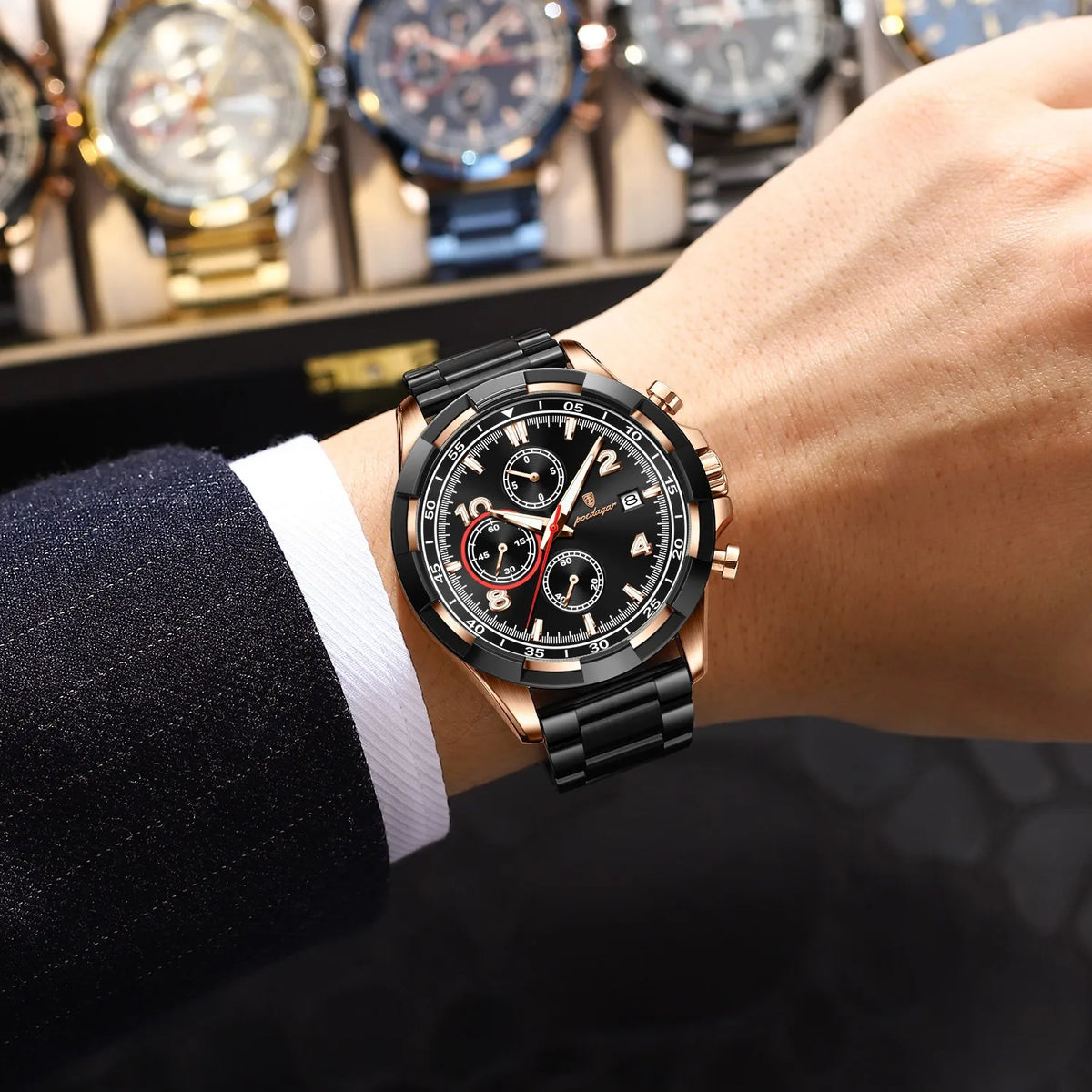 Poedagar 685 Men's Watch Chronograph Luminous Quartz Watches 47MM Dial Montre Homme Waterproof Stainless Steel Bracelet Watch