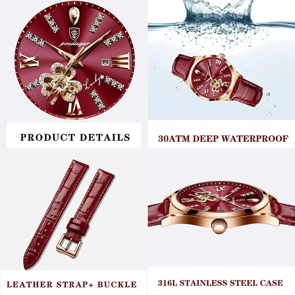 Poedagar Fashion Luxury Diamond Quartz Wrist Watch Leather Hand Band Ladies Watches Waterproof Date Women Watch for Girls