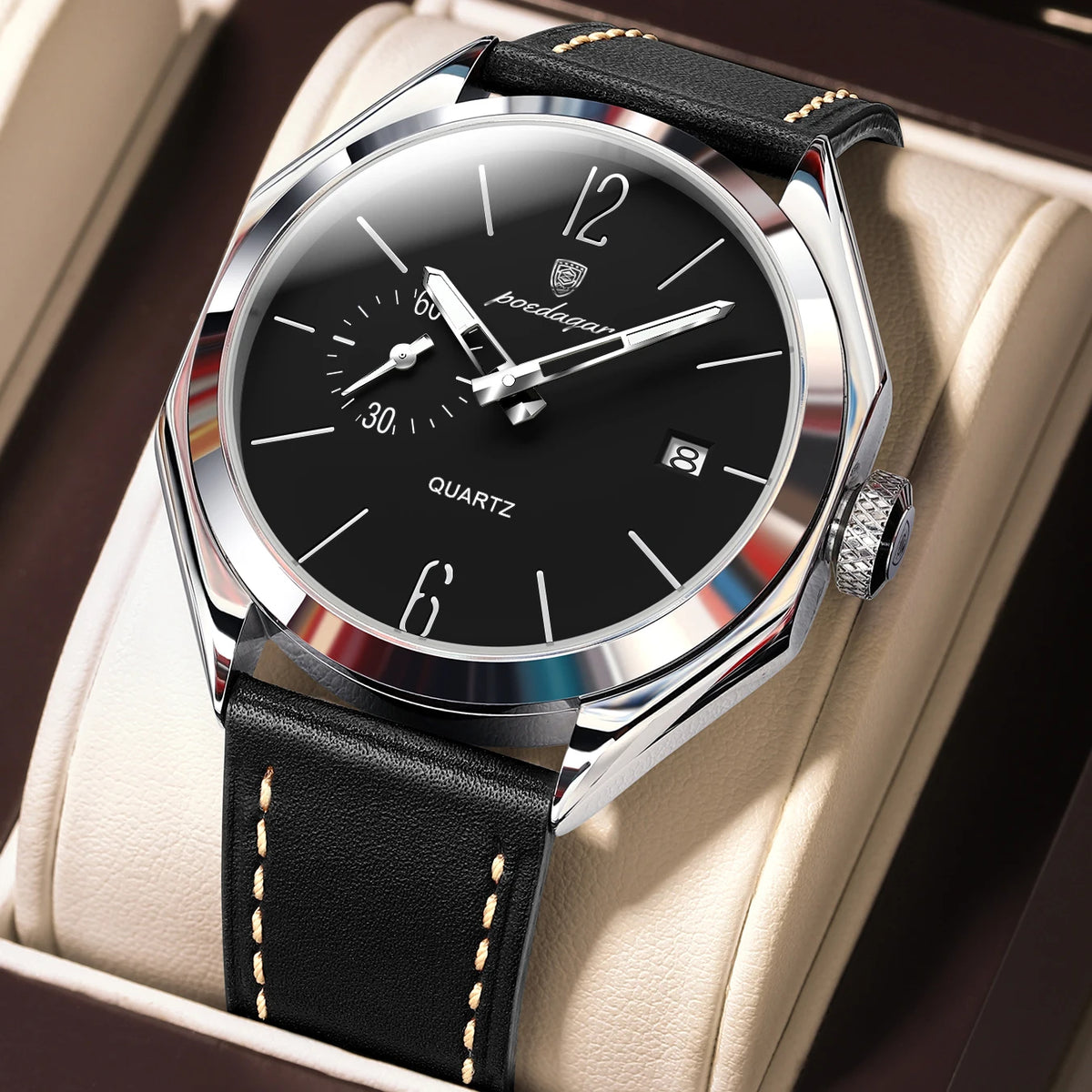 Poedagar 689 Luxury Casual Mens Quartz Watch Geometric Dial Waterproof Leather Strap Fashion Wristwatch Wholesale Factory Direct