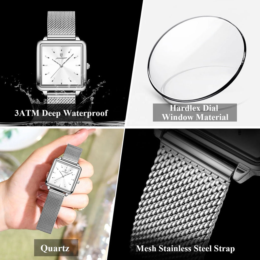 Poedagar Ladies Nordic Elegant Minimalist Square Quartz Watch Mesh Band 3ATM Waterproof Gift for Women Daily Factory Wholesale