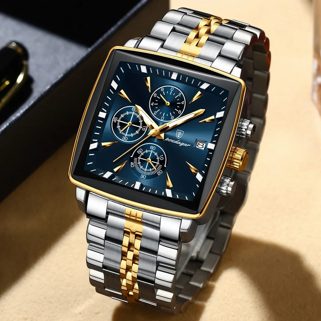 Poedagar 866 Luxury Men Watch Square Chronograph 3-Eye Dial Stainless Steel Band Luminous Waterproof Business Montre Wristwatch