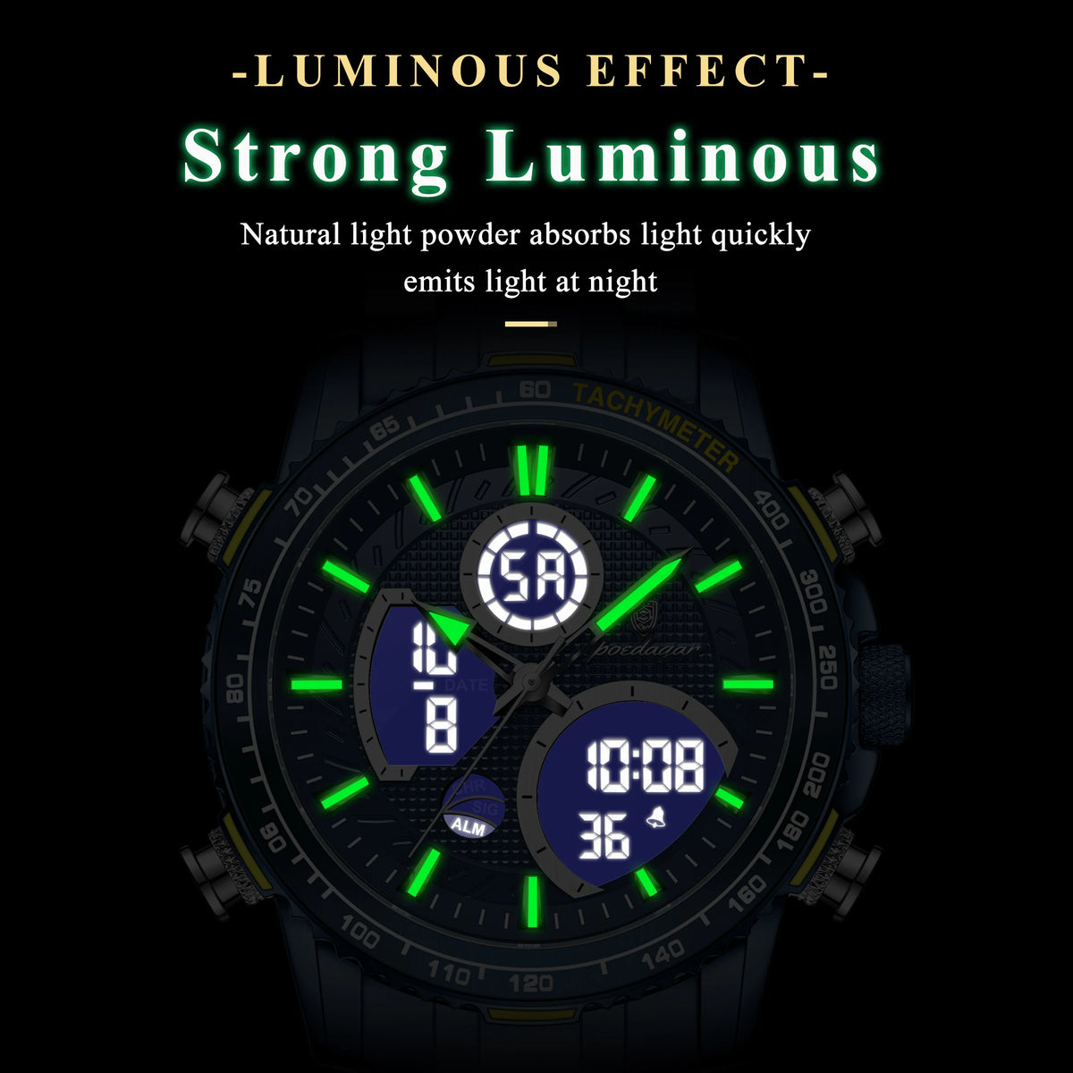 Poedagar E127 Men's Watch Luxury Analog-Digital Watches Dual Display Herrenuhr Luminous Waterproof Stainless Steel Watch for Men
