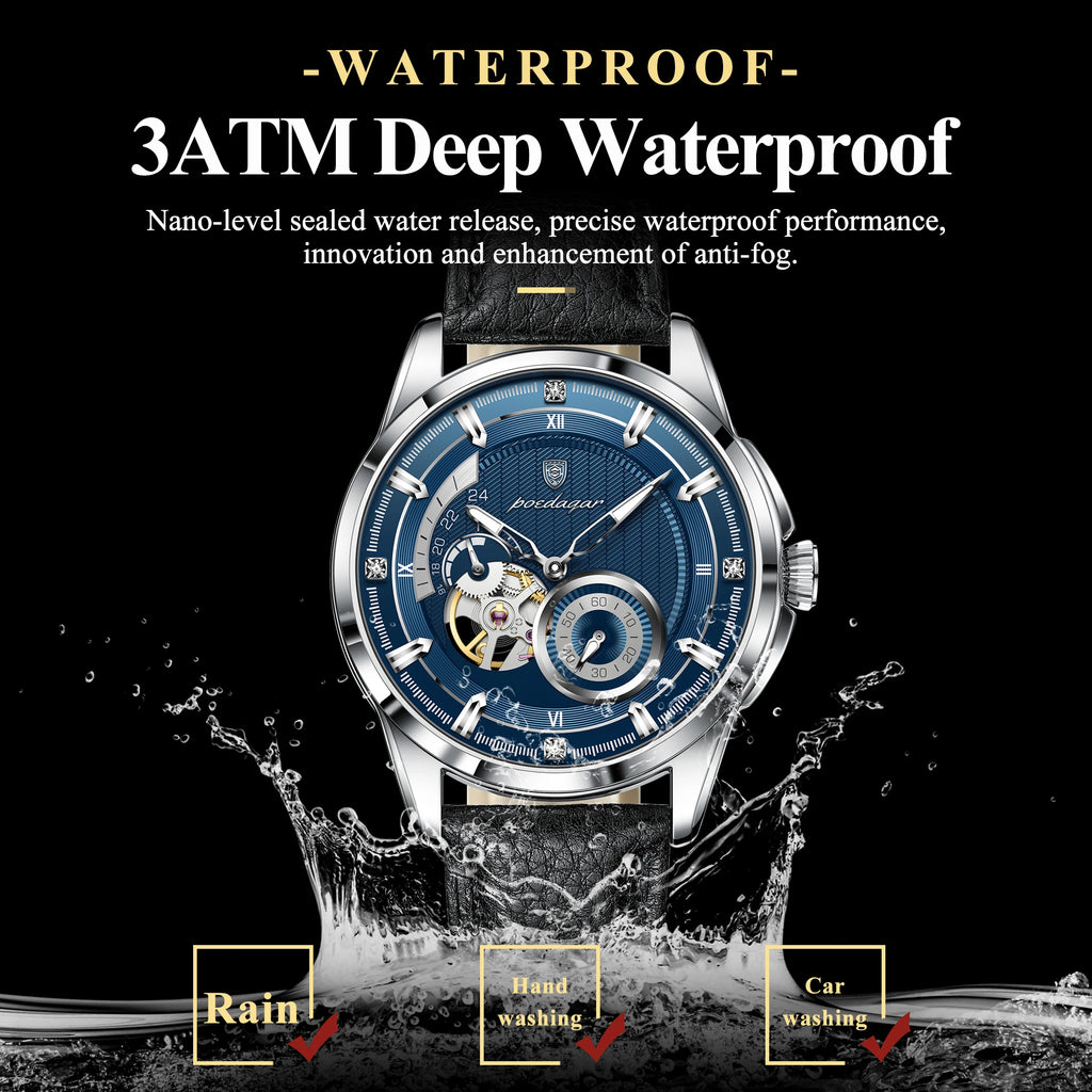 Poedagar 1427 Men Automatic Mechanical Watch Luxury Business Leather Band Luminous 3ATM Daily Waterproof Wristwatch for Men