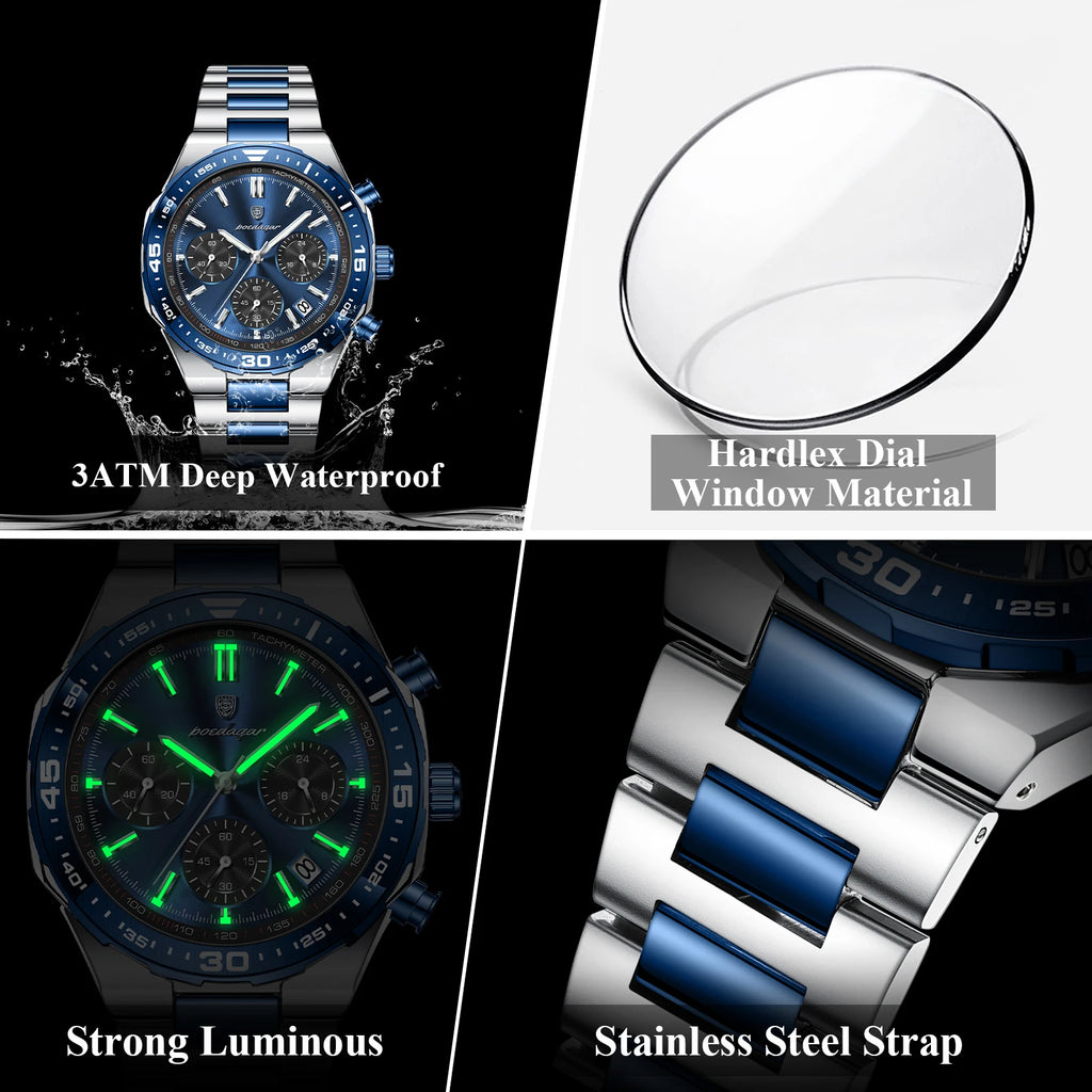 Poedagar 697 Business Luminous Waterproof Wristwatch Stainless Steel Strap Chronograph Men's Quartz Watch