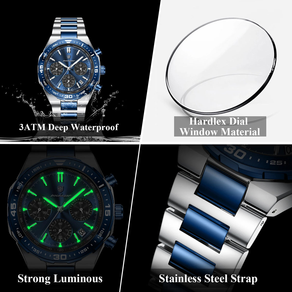 Poedagar 697 Business Luminous Waterproof Wristwatch Stainless Steel Strap Chronograph Men's Quartz Watch