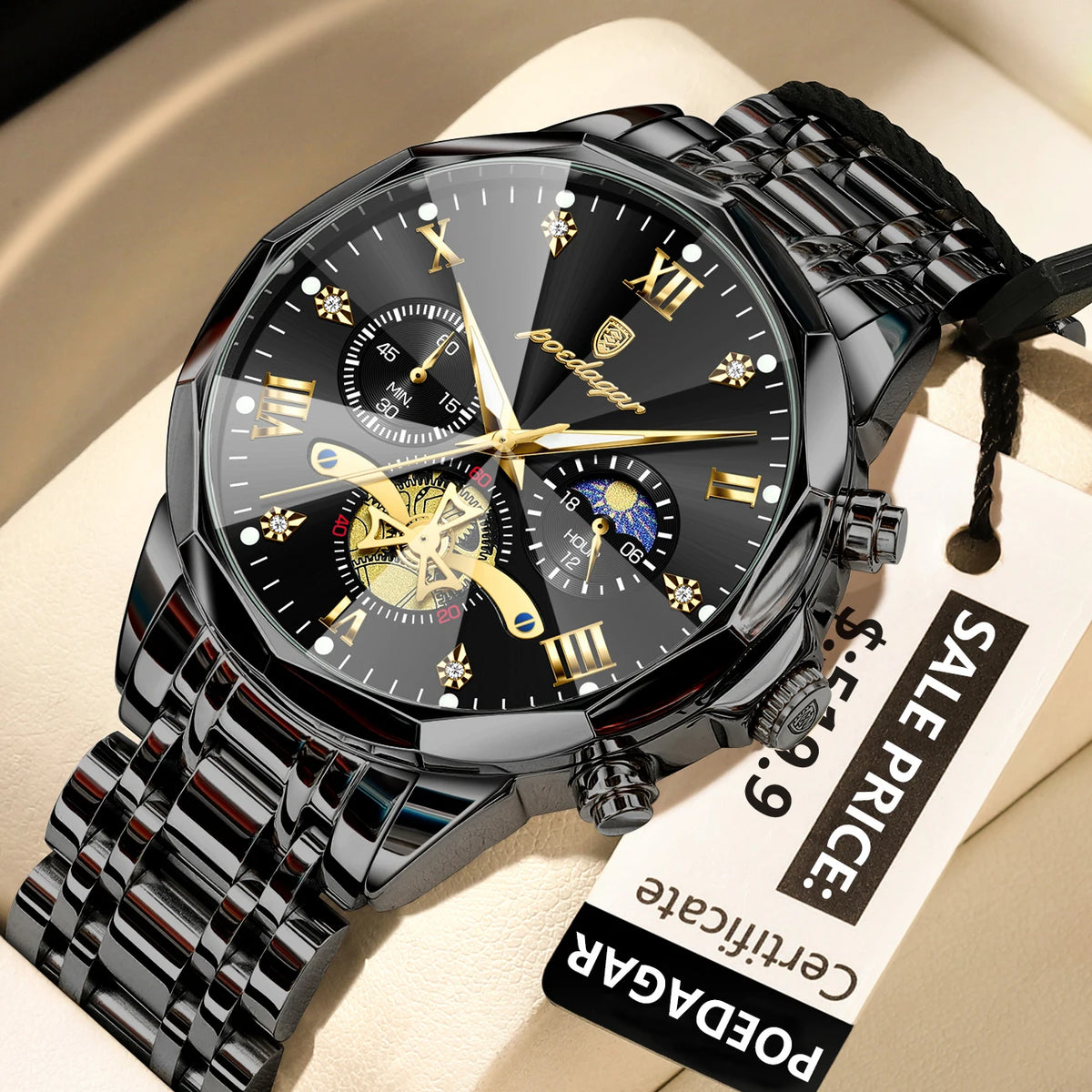 Poedagar 938 Men's Luxury Stainless Steel Chronograph Quartz Watch Waterproof Luminous with 42mm Alloy Dial Watch for Men