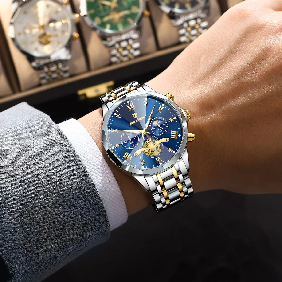 Poedagar 938 Men's Luxury Stainless Steel Chronograph Quartz Watch Waterproof Luminous with 42mm Alloy Dial Watch for Men