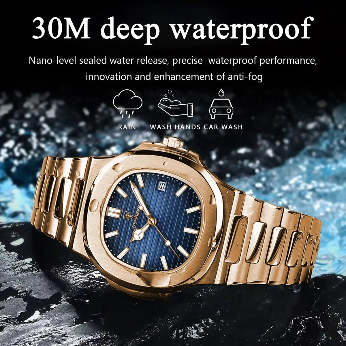 Poedagar Top Brand Luxury Fashion Rose Gold Square Men Quartz Watch Waterproof Luminous Date Stainless Steel Watch for Men