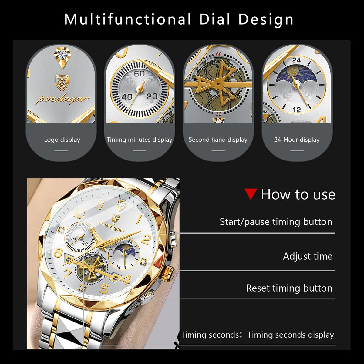 Poedagar 972 Watch for Men Luxury Fashion Chronograph 3ATM Waterproof Reloj Hombre Luminous Stainless Steel Quartz Watches