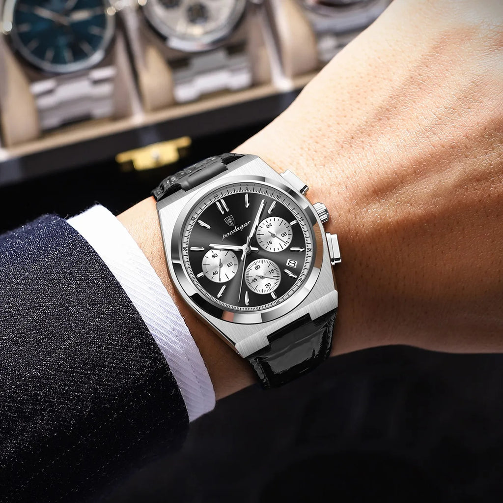 Poedagar 970 Luxury Men's Watch Leather Strap Sports Chronograph Quartz Watches Montre Homme Waterproof Luminous Watch for Men