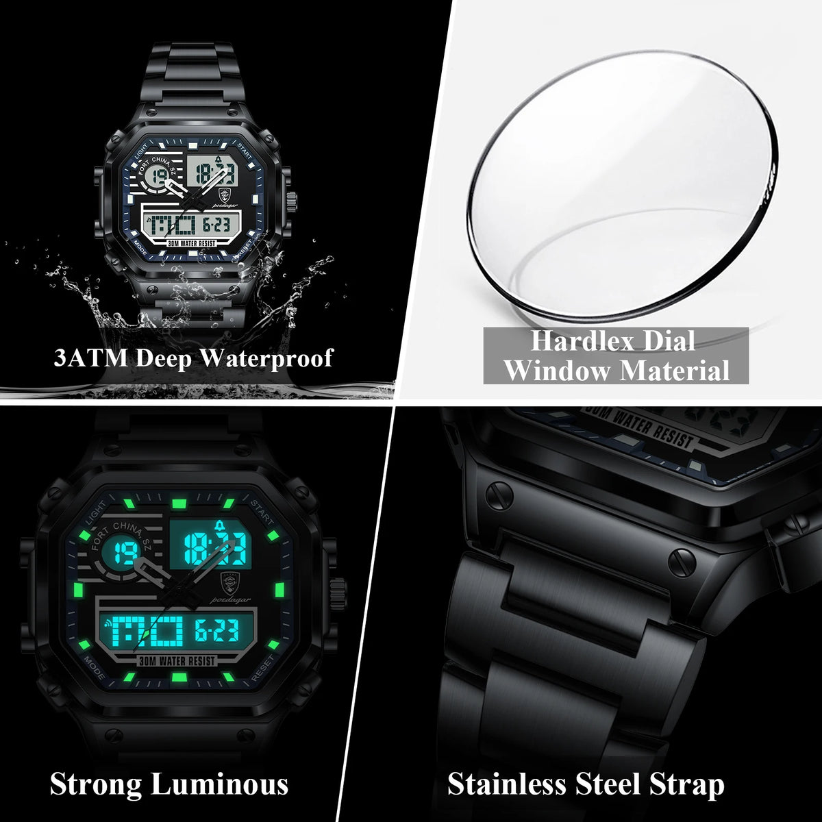 Poedagar Men's Multi-function Electronic Quartz Watch Dual Display LED Night Light Waterproof Watch for Men