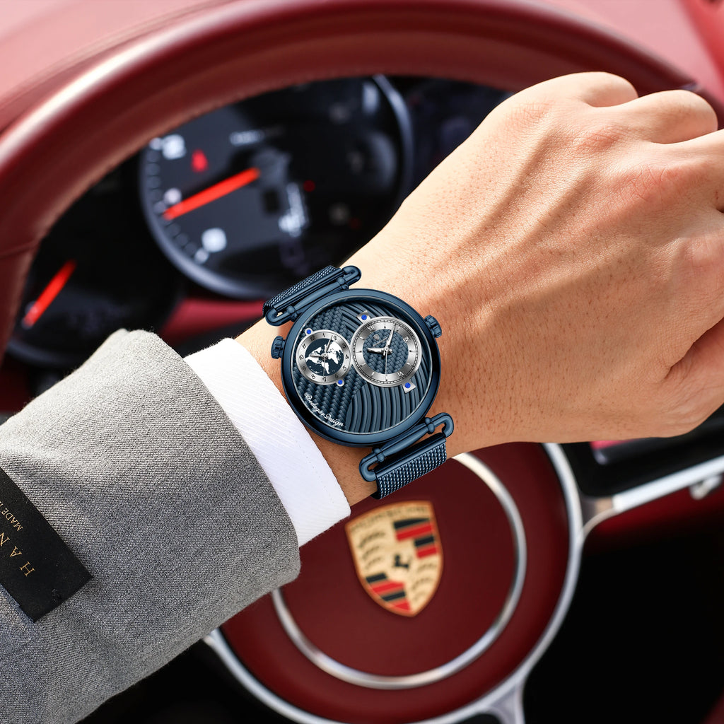 Poedagar 848 Men's Dress Quartz Watch Dual Time Zone Mesh Stainless Steel Luminous 3ATM Waterproof Business Orologio Uomo