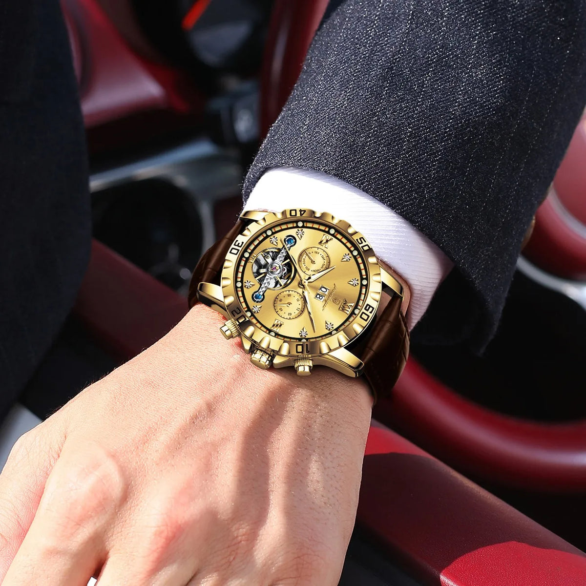 Poedagar 1418 Luxury Automatic Men's Mechanical Watch Gold-Tone Leather Hollow Tourbillon Waterproof Luminous Wristwatch for Men