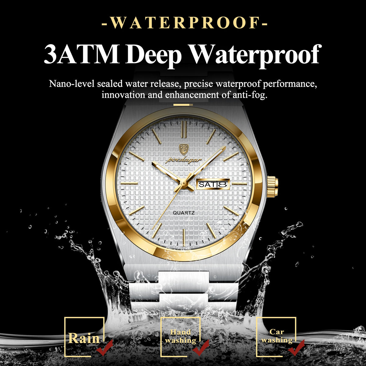 Poedagar 821 Men Watch Business Grid Dial Date Quartz Wristwatch Stainless Steel Luminous Waterproof Watch for Men Ready to Ship