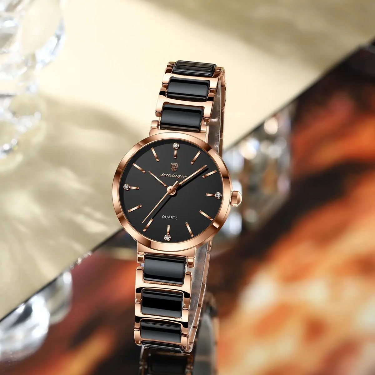 Poedagar 505 Elegant Rose Case Stainless Steel Bracelet 30M Waterproof Analog Quartz Watch for Women