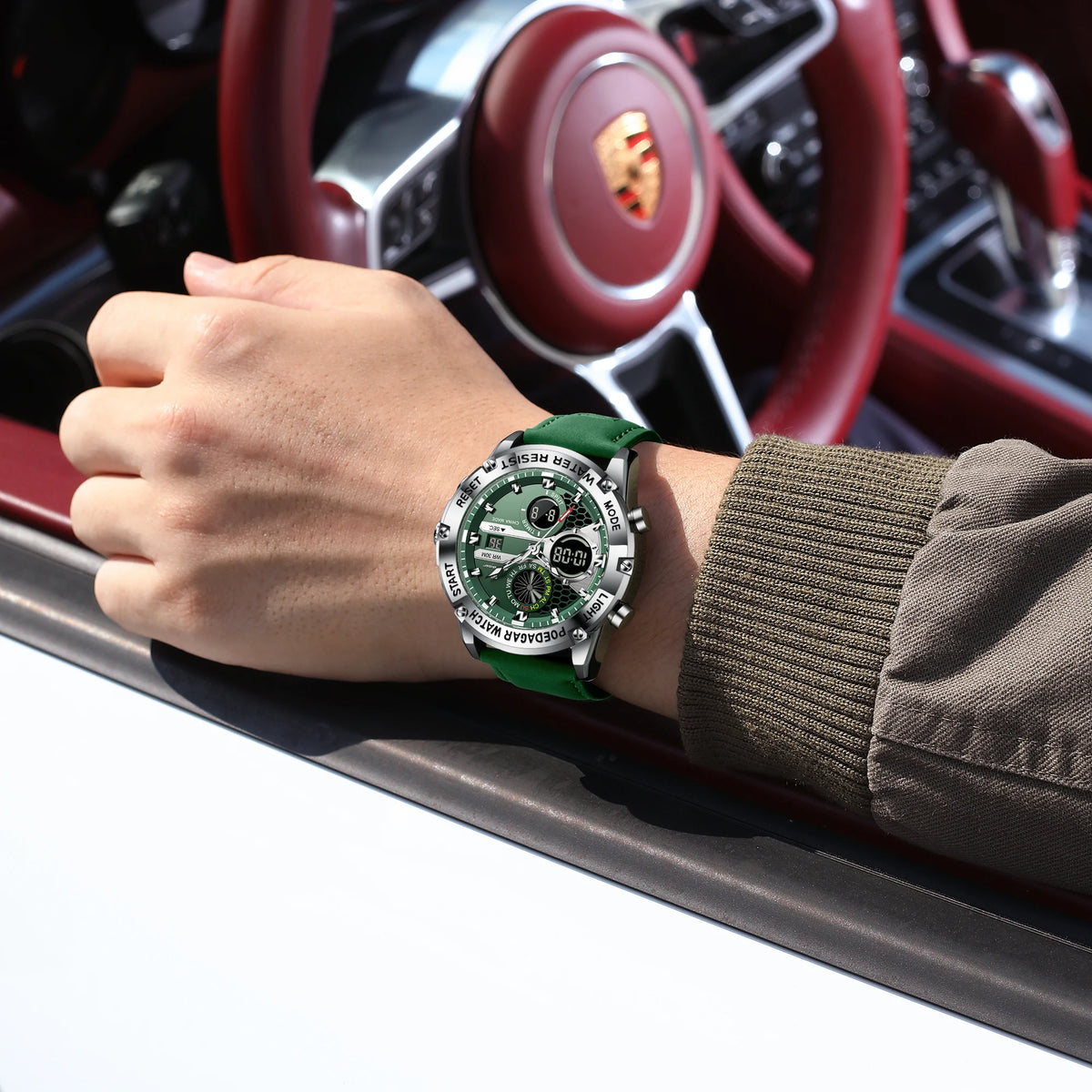 Poedagar E125 Men's Digital Watch Dual Display Quartz Watches Montre Analog Luminous Leather Strap Sports Wristwatch for Men