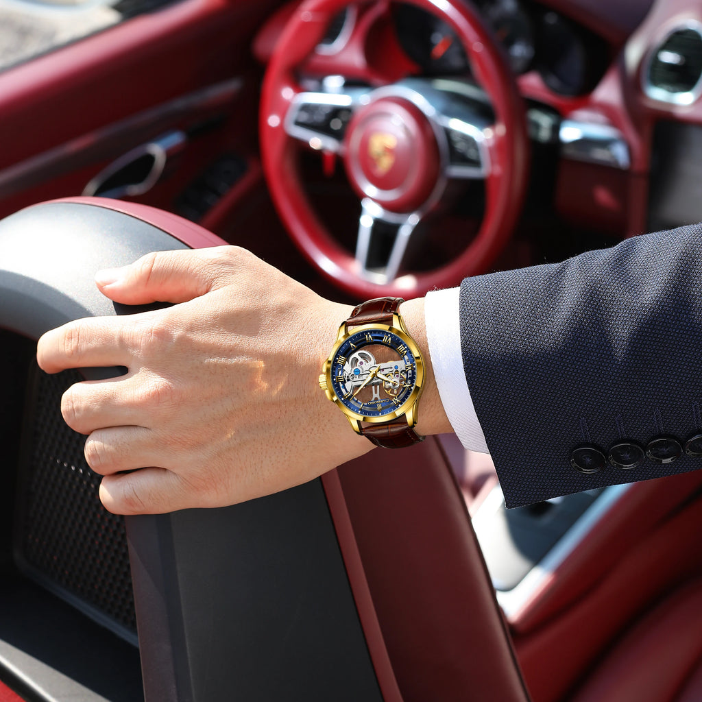 CAREKISO C124 Men Automatic Mechanical Wristwatch Waterproof Luminous Business Watch with Genuine Leather Strap