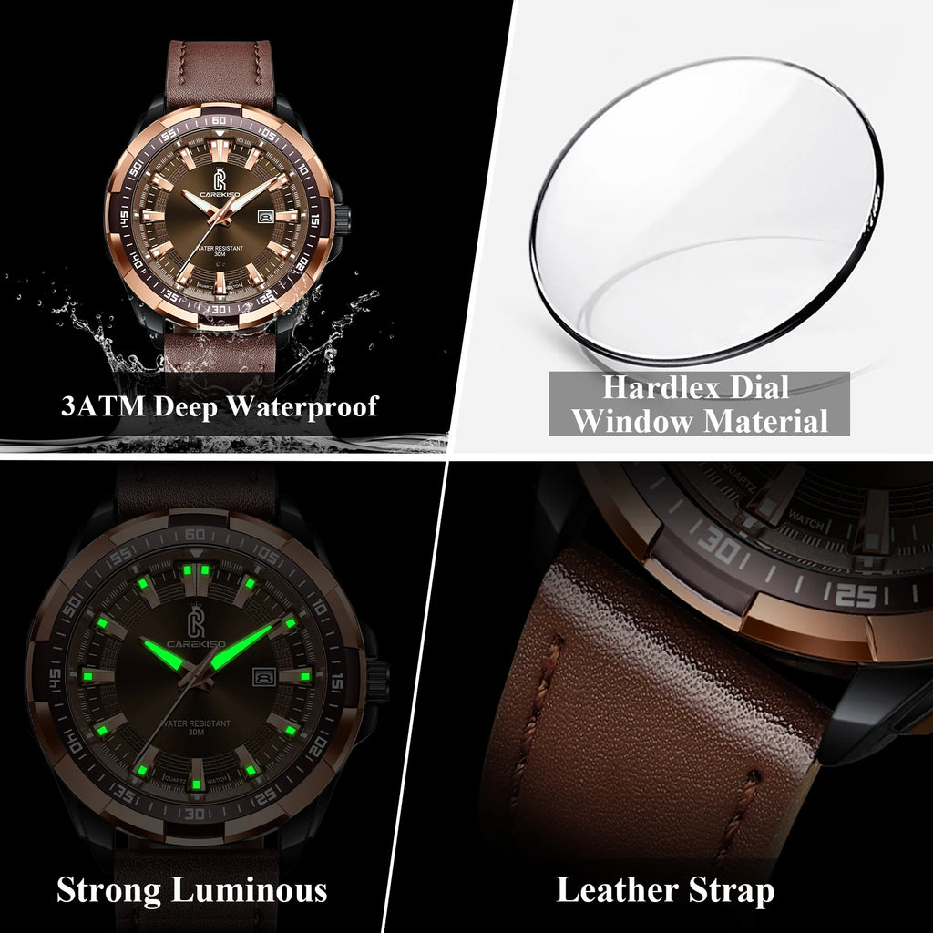 CAREKISO Bulk Supply Men Alloy Case Mineral Glass Luminous Waterproof Leather Strap Business Casual Quartz Watch