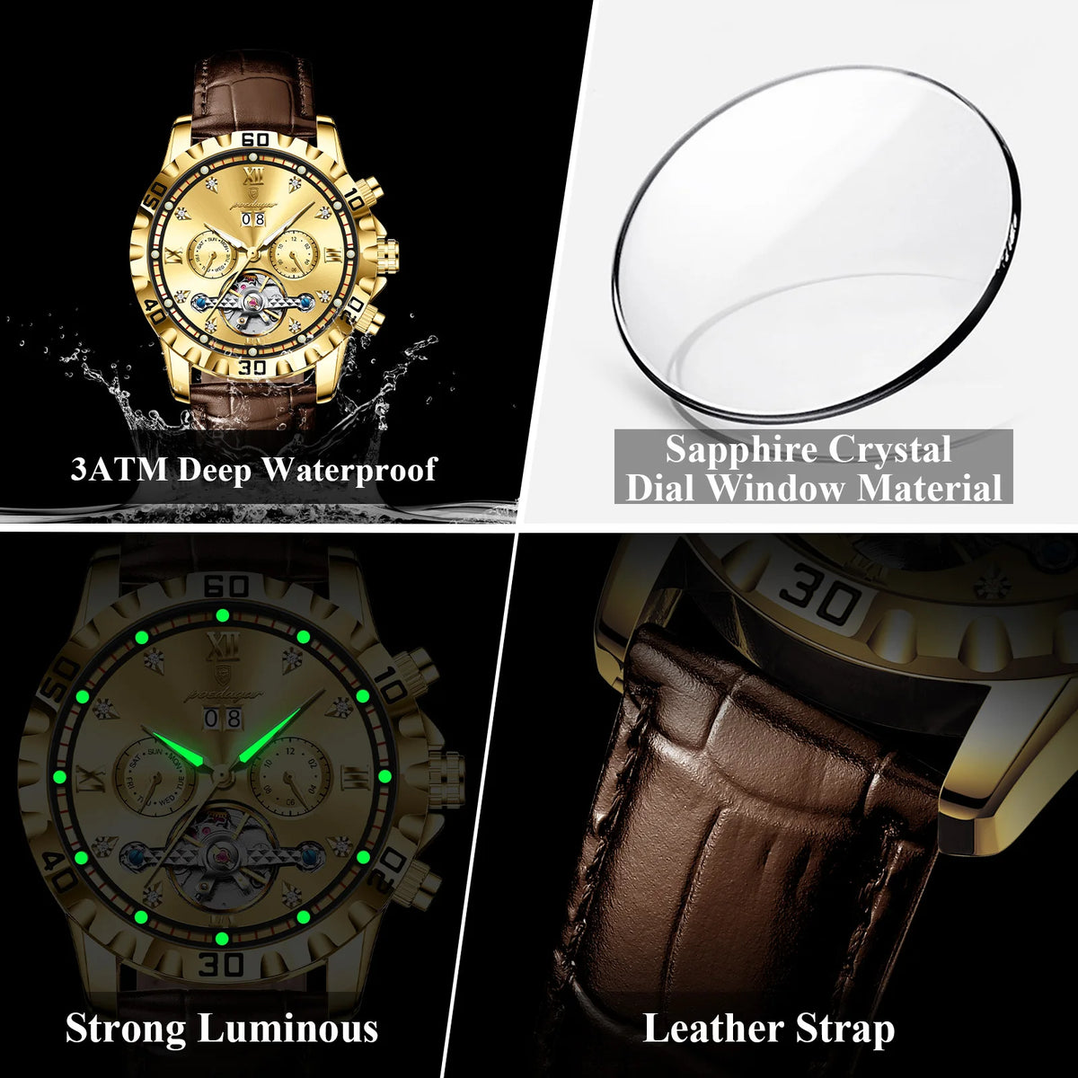 Poedagar 1418 Luxury Automatic Men's Mechanical Watch Gold-Tone Leather Hollow Tourbillon Waterproof Luminous Wristwatch for Men