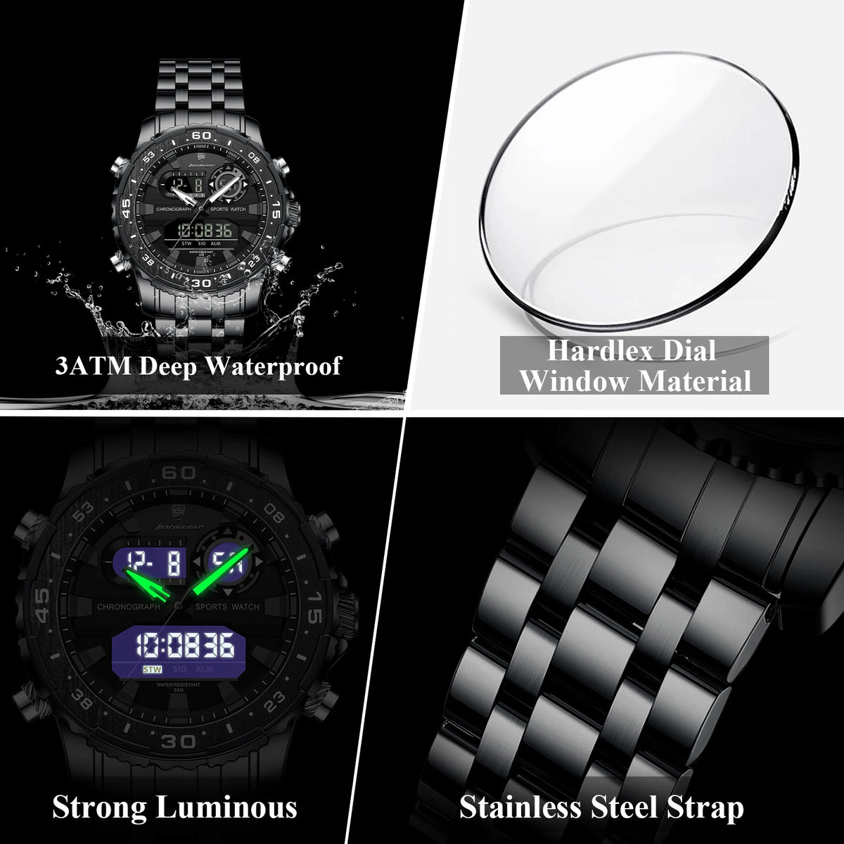 Poedagar E122 Men's Fashion Quartz Watch 46MM Dial Stainless Steel Waterproof Wristwatch for Daily Business Casual Wear