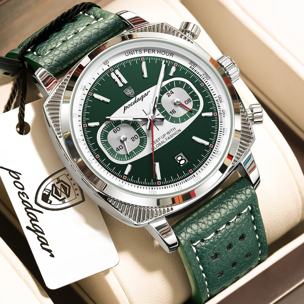 Poedagar 838 Luxury Leather Strap Square Multifunctional Chronograph Luminous Waterproof Quartz Watch for Men