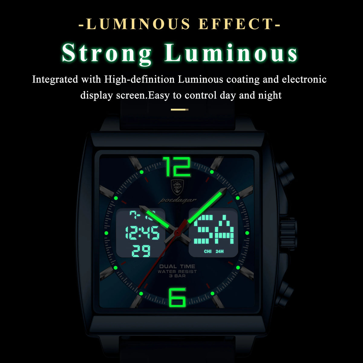 Watch for Men Luxury Poedagar E109 Dual Display Chronograph Quartz Watches Silicone Strap Montre Luminous Waterproof Men's Watch