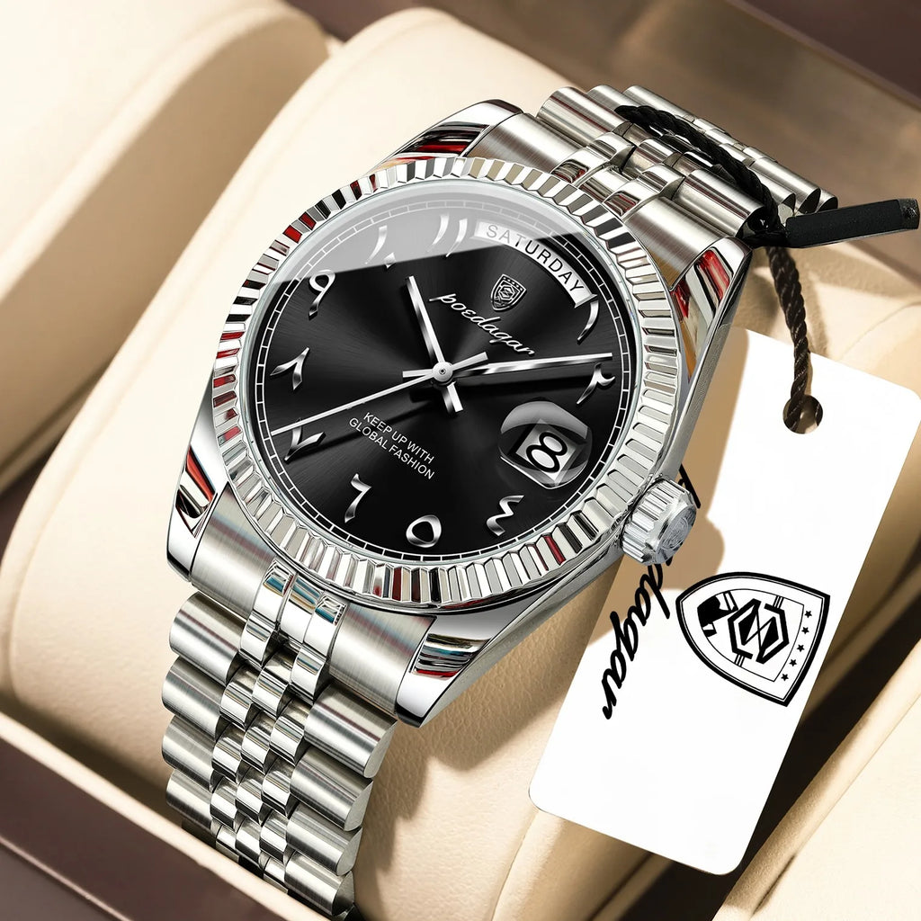 Poedagar 845 Luxury Mens Watch Arabic Dial Stainless Steel Waterproof Date Day Business Quartz Wristwatch Montre Homme