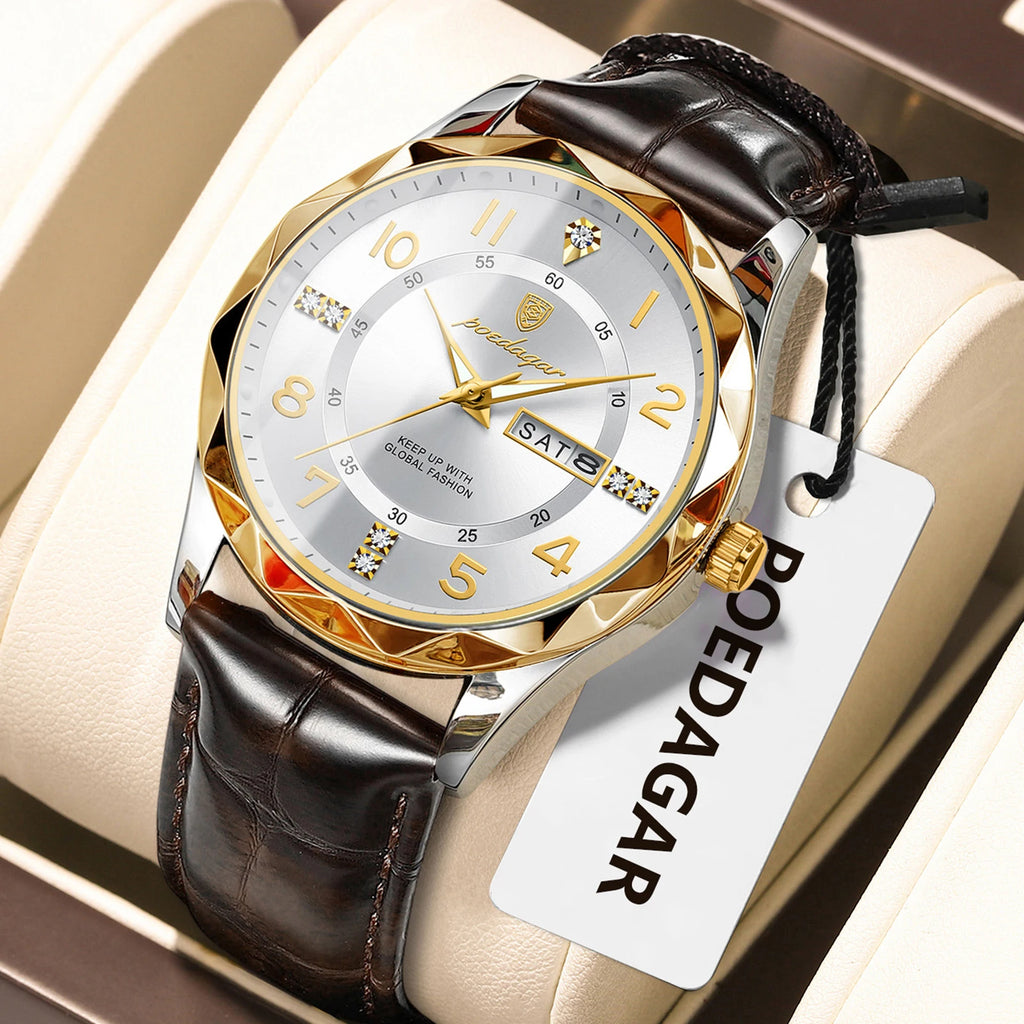 Poedagar 858 Watch for Men Luxury Date Week Leather Strap Quartz Watches Waterproof Luminous Men's Watches Wholesale Orologio