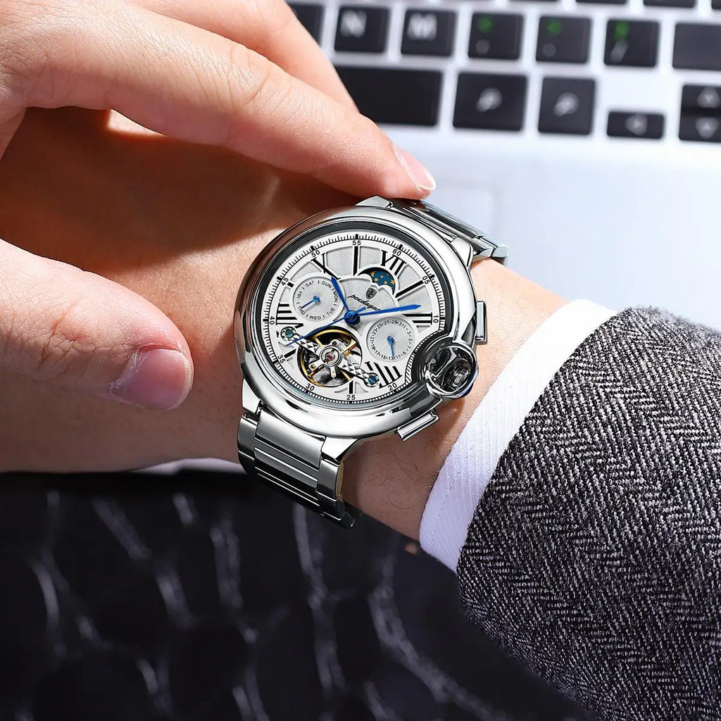 Poedagar Luxury Hollow Tourbillon Automatic Mechanical Watch Waterproof Luminous Stainless Steel Watch for Men