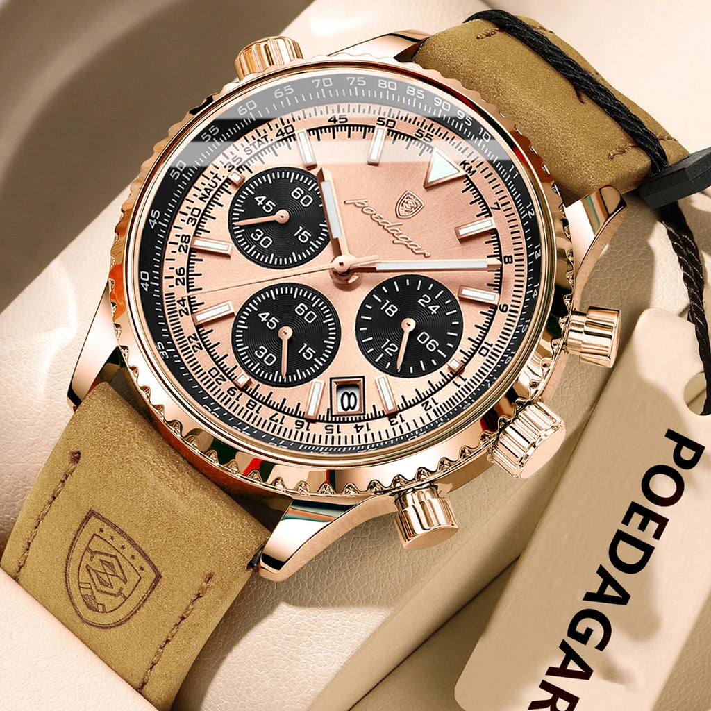 Poedagar 960 Luxury Mens Watch Fashion Luminous Leather Strap Quartz Watches Business Waterproof Chronograph Watch for Men Reloj