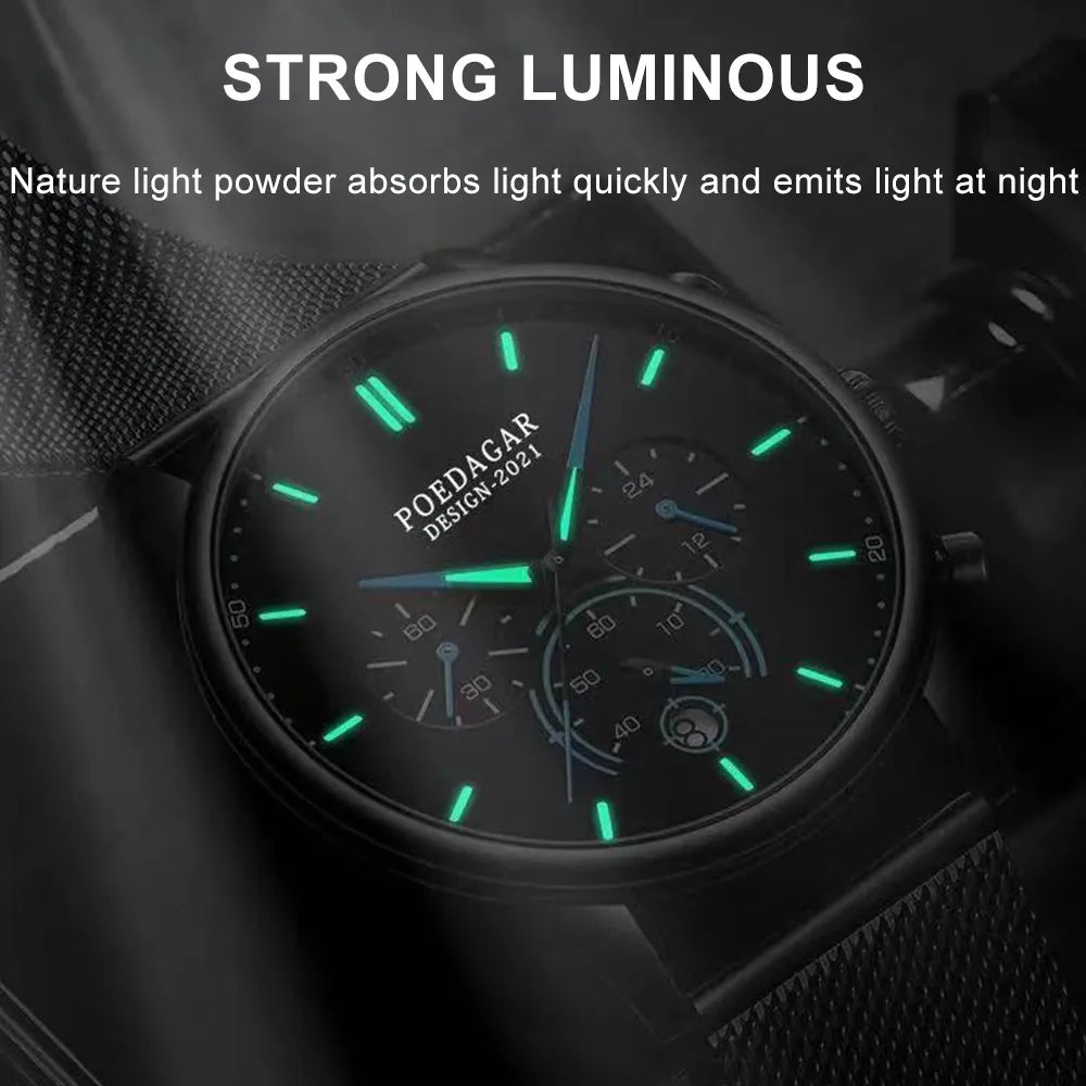 Poedagar Stainless Steel Mesh Watches Men Wrist Sport Chronograph Quartz Watches Waterproof Luminous Watch for Men Relojes Hombr
