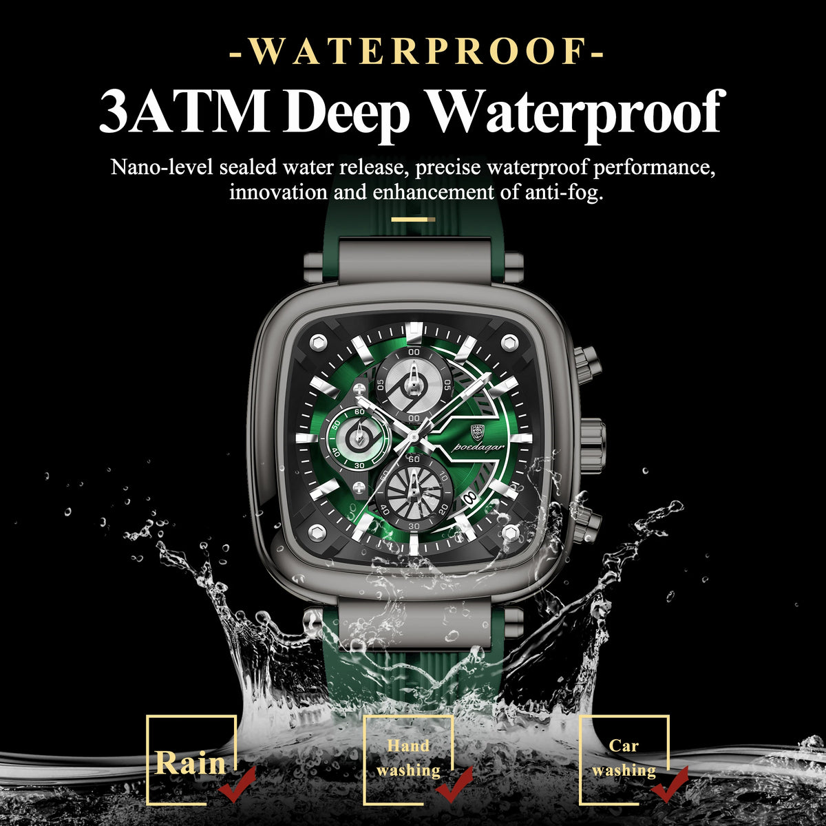 Poedagar 849 Luxury Men Watch Square Large Case Chronograph Quartz Wristwatch Silicone Strap Luminous Waterproof Factory Direct