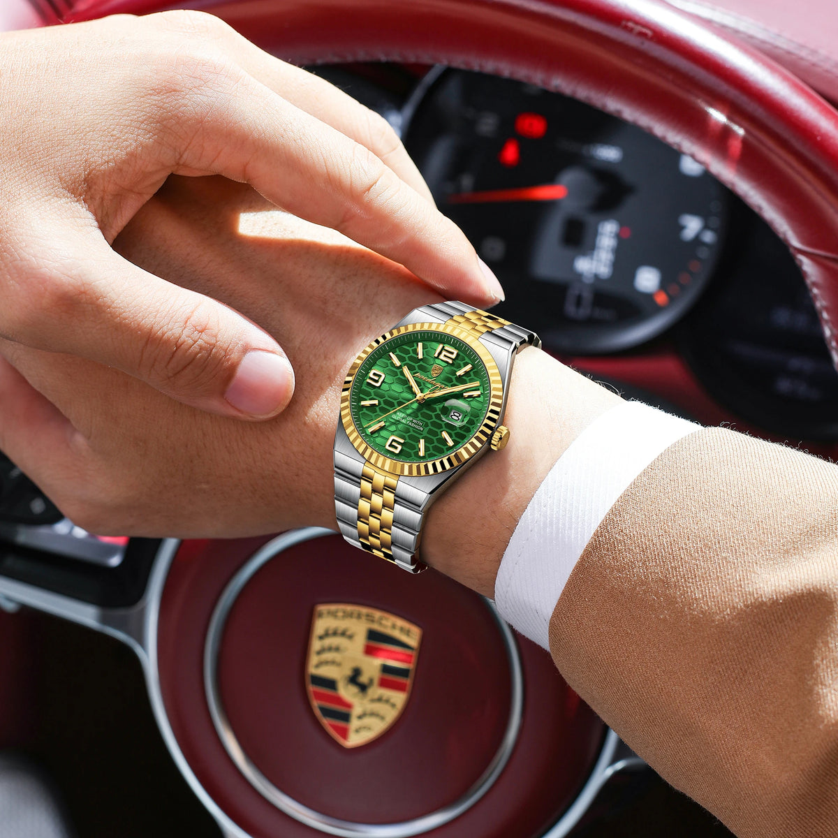 Poedagar 839 Men's Luxury Business Watch Fluted Bezel 2-Tone Green Honeycomb Dial Quartz Luminous Date 3ATM Waterproof Wholesale