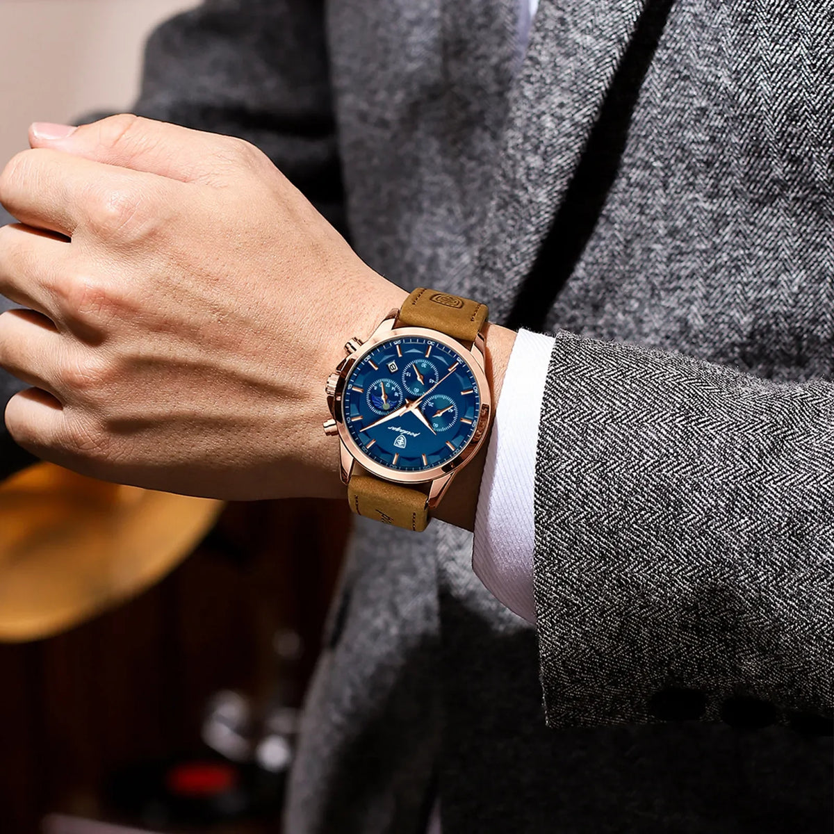 Poedagar 628 Mens Quartz Watch Chronograph Blue Dial Leather Strap Montre Waterproof Luminous Calendar Wrist Watch Sport Watches