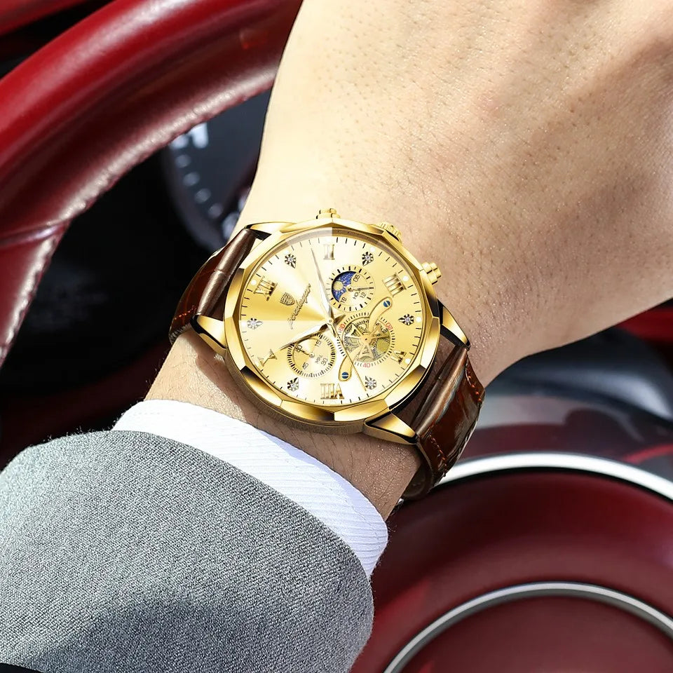 Watch for Men Luxury Poedagar 938 All Gold Dial Reloj Leather Strap Chronograph Quartz Watches Luminous Waterproof Men's Watch