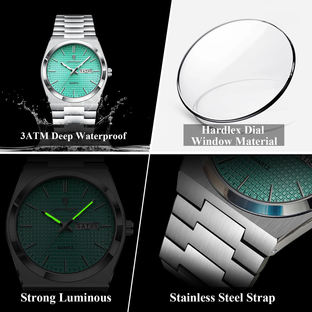 Poedagar 821 Luxury Men Watch Grid Dial Date Day Quartz Watches Stainless Steel Reloj Hombre Waterproof Luminous Watch for Men