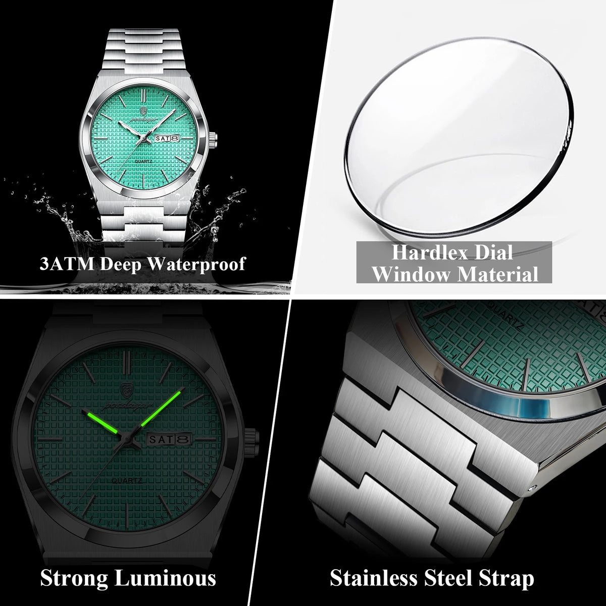 Poedagar 821 Luxury Men Watch Grid Dial Date Day Quartz Watches Stainless Steel Reloj Hombre Waterproof Luminous Watch for Men