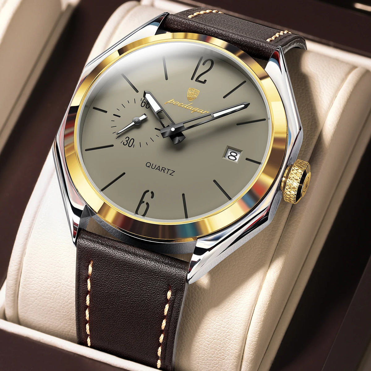 POEDAGAR 689 Quartz Watch Men Hardlex Dial Leather Strap 3ATM Waterproof Luminous Night Light Business Wristwatch