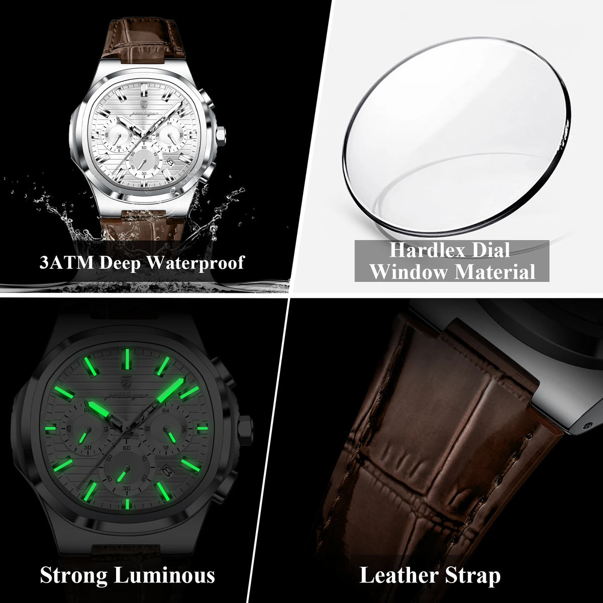 Poedagar 834 Luxury Quartz Watch for Men Leather Strap Waterproof Chronograph Wrist Watch Wholesale