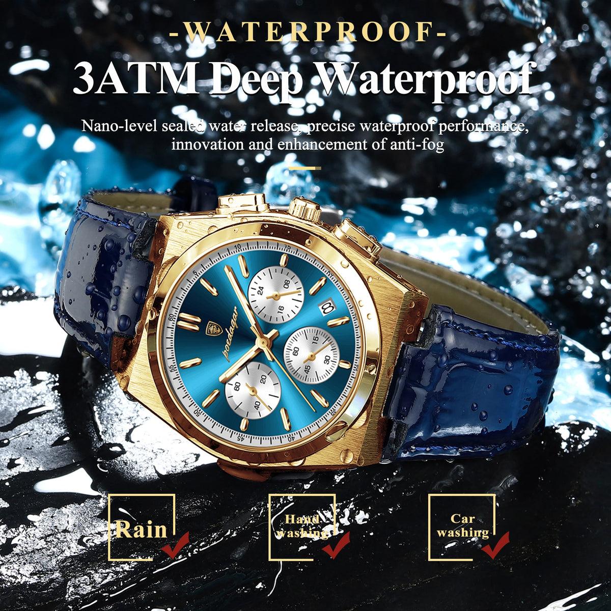 Poedagar 970 Mens Watch Luxury Leather Strap Luminous Waterproof Quartz Watches Casual Reloj Hombre Chronograph Watch for Men