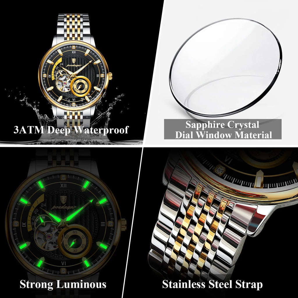Poedagar 1416 Luxury Men Automatic Mechanical Watch Montre Homme Skeleton Stainless Steel Luminous Men Mechanical Watch for Men