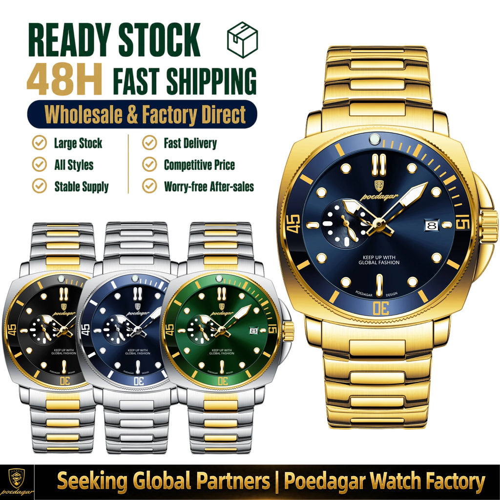 Poedagar 873 Luxury Men's Watch Cushion Case Sport Quartz Wristwatch Stainless Steel Luminous Waterproof Watch for Men Reloj