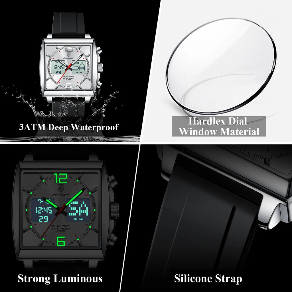 Poedagar E109 Quartz Watches Dual Display Chronograph Silicone Strap Reloj Luminous Waterproof Alarm Watch for Men Outdoor Sport
