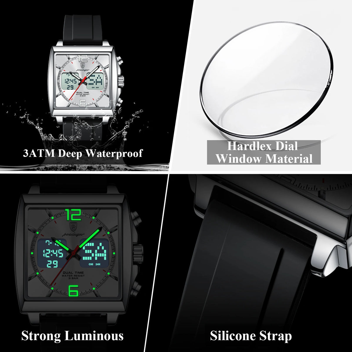 Poedagar E109 Quartz Watches Dual Display Chronograph Silicone Strap Reloj Luminous Waterproof Alarm Watch for Men Outdoor Sport