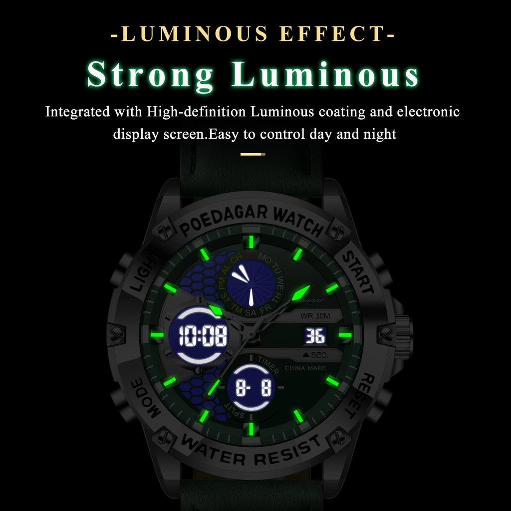 Poedagar E125 Men's Digital Watch Dual Display Quartz Watches Montre Analog Luminous Leather Strap Sports Wristwatch for Men