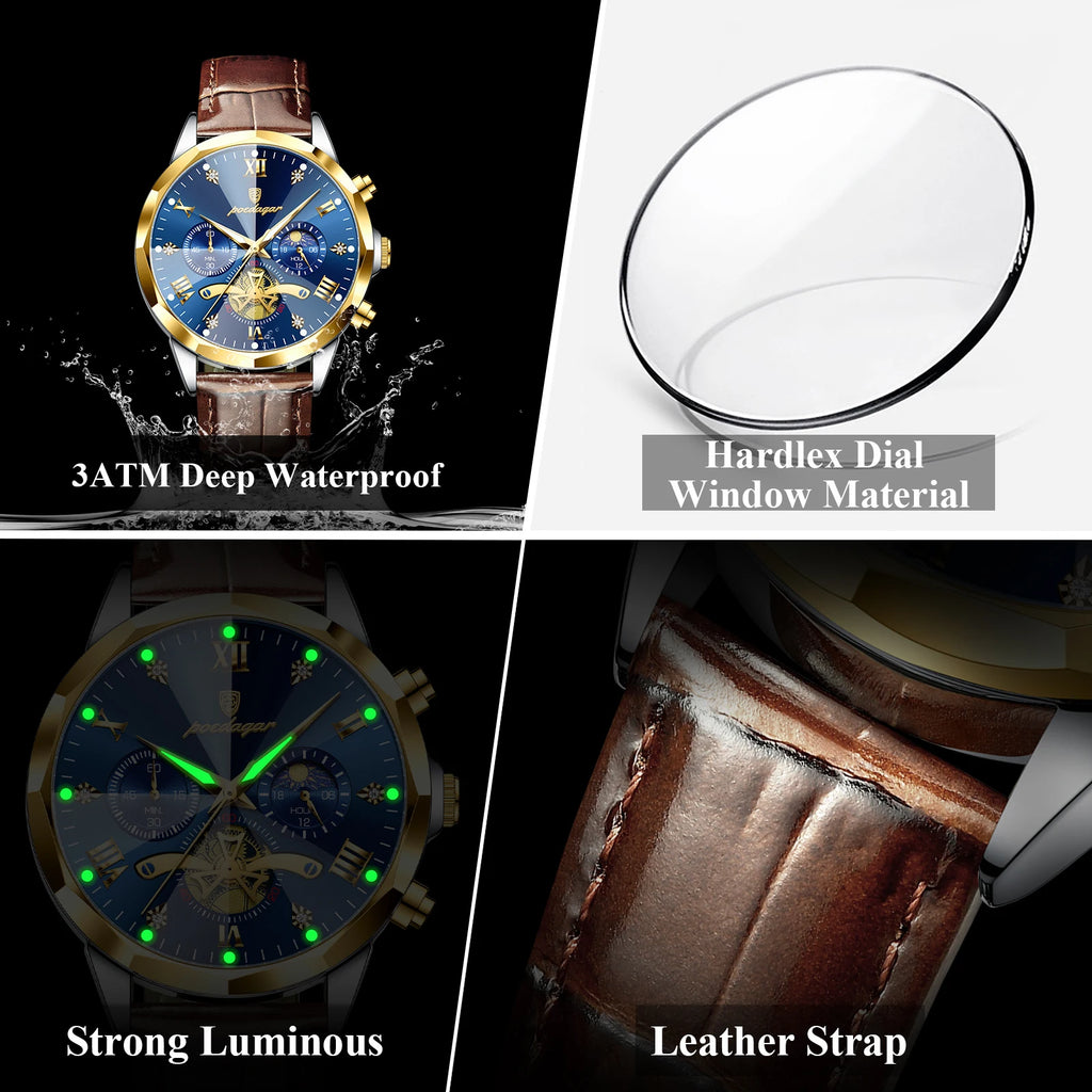 Poedagar Men's Luxury Leather Chronograph Quartz Watch Waterproof Luminous Watch for Men
