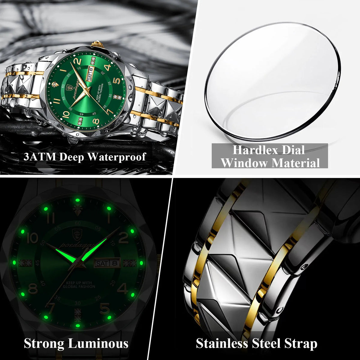 Poedagar 858 Luxury Men's Watch Date Week Stainless Steel Quartz Watches Moissanite Montre Waterproof Luminous Watches for Men