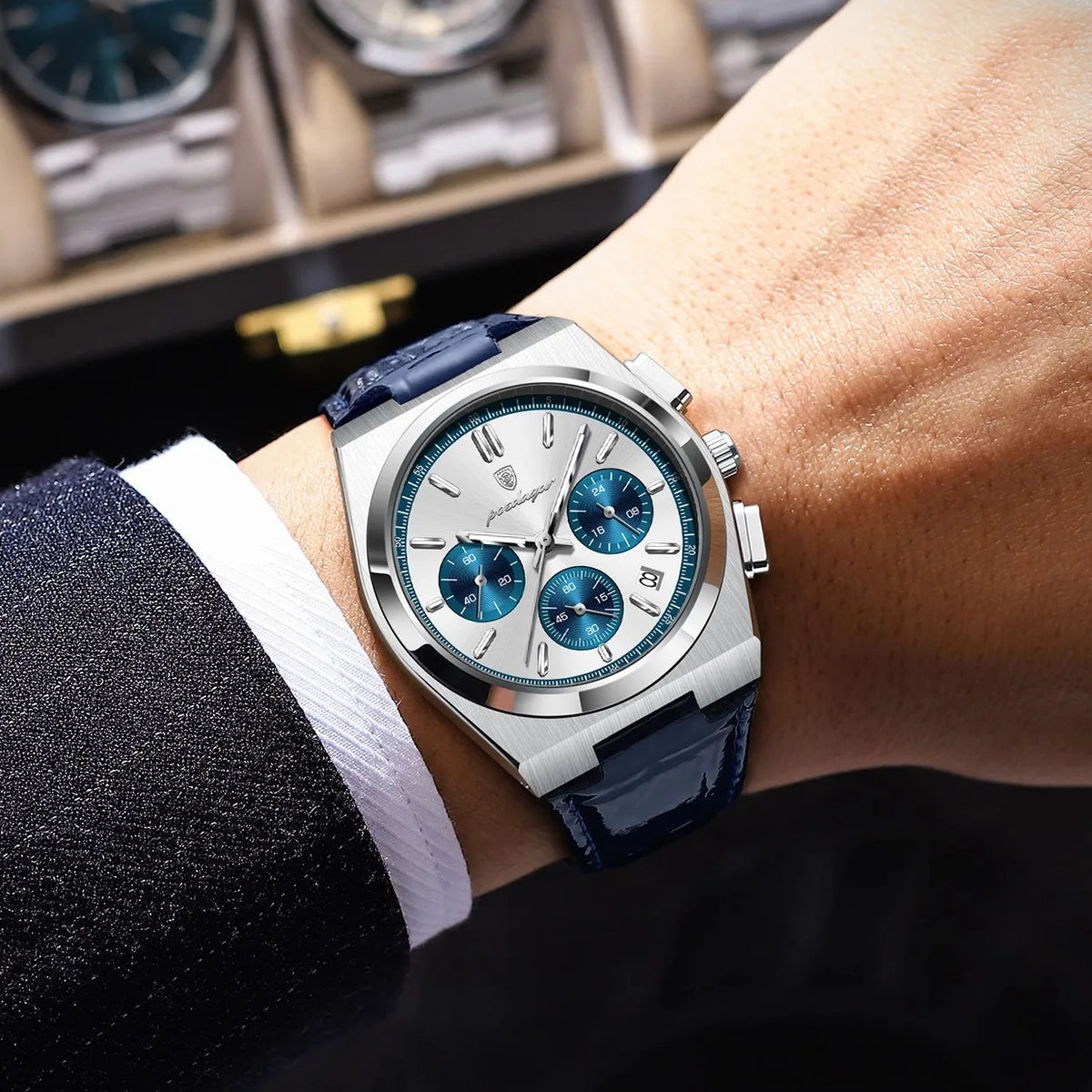 Poedagar 970 Mens Luxury Watch Leather Strap Luminous Quartz Wristwatch Montre Homme Casual Chronograph Waterproof Watch for Men