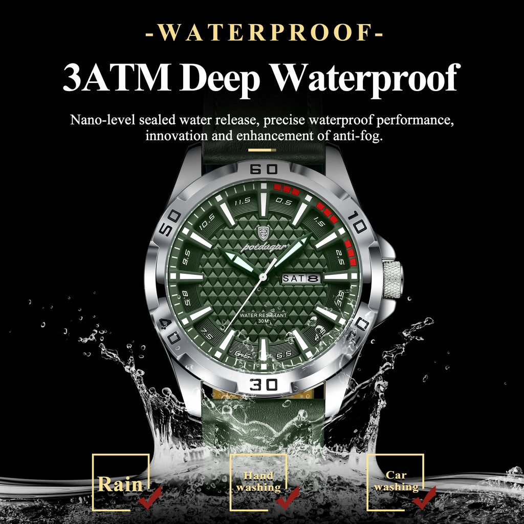 Poedagar 895 Luxury Men Watch 3D Geometric Dial Day Date Luminous Leather Strap Quartz Business Casual Waterproof Watch for Men